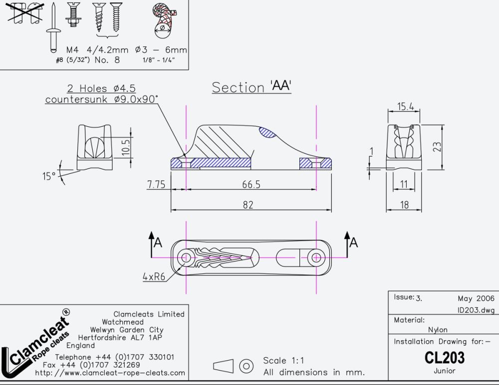 CLAMCLEAT CL203 JUNIOR Tauwerksklemme für Leinen 3-6mm schw.