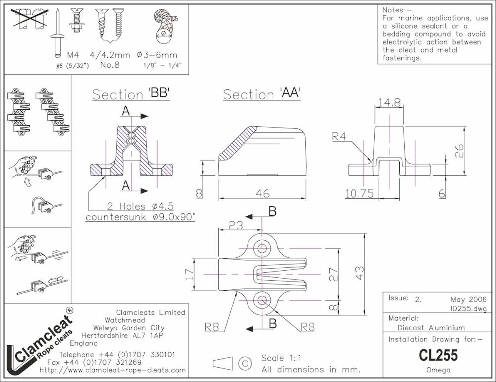 CLAMCLEAT CL255AN OMEGA Tauklemme für Leine 3-6mm eloxiert